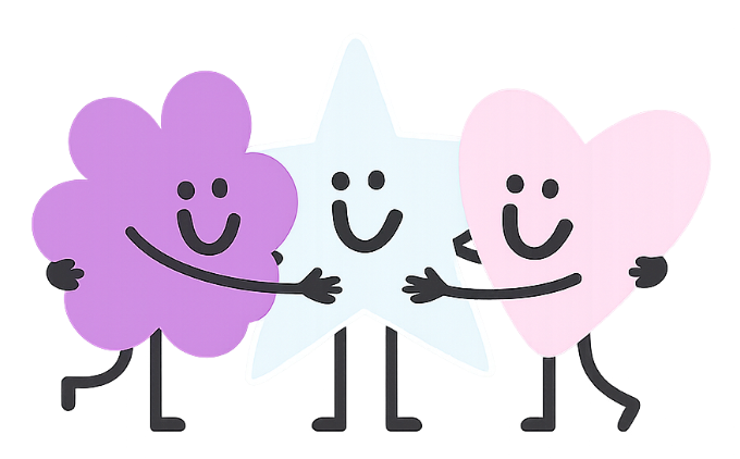 Las mascotas de Yupi Yei — Flor, Estrella y Corazón — abrazadas