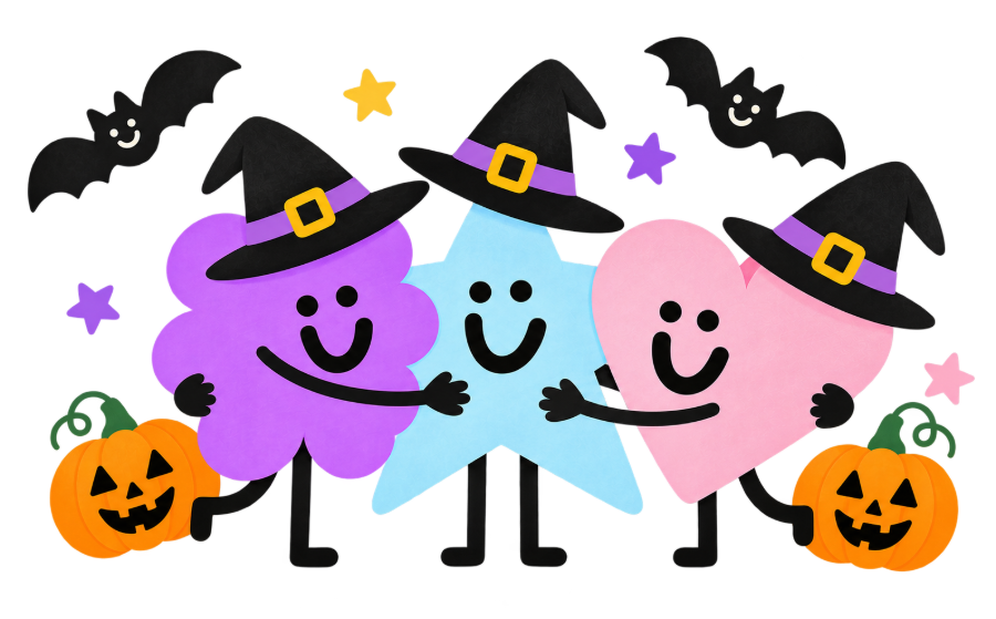 Las mascotas de Yupi Yei — Flor, Estrella y Corazón — abrazadas con sombreros de bruja
